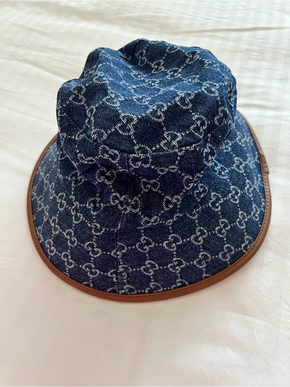 Gucci Blue Denim Monogram Bucket Hat with Brown Trim